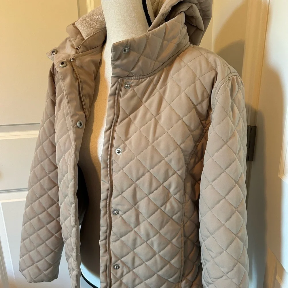 Beige Calvin Klein hooded zip up, puffer jacket with fur lining